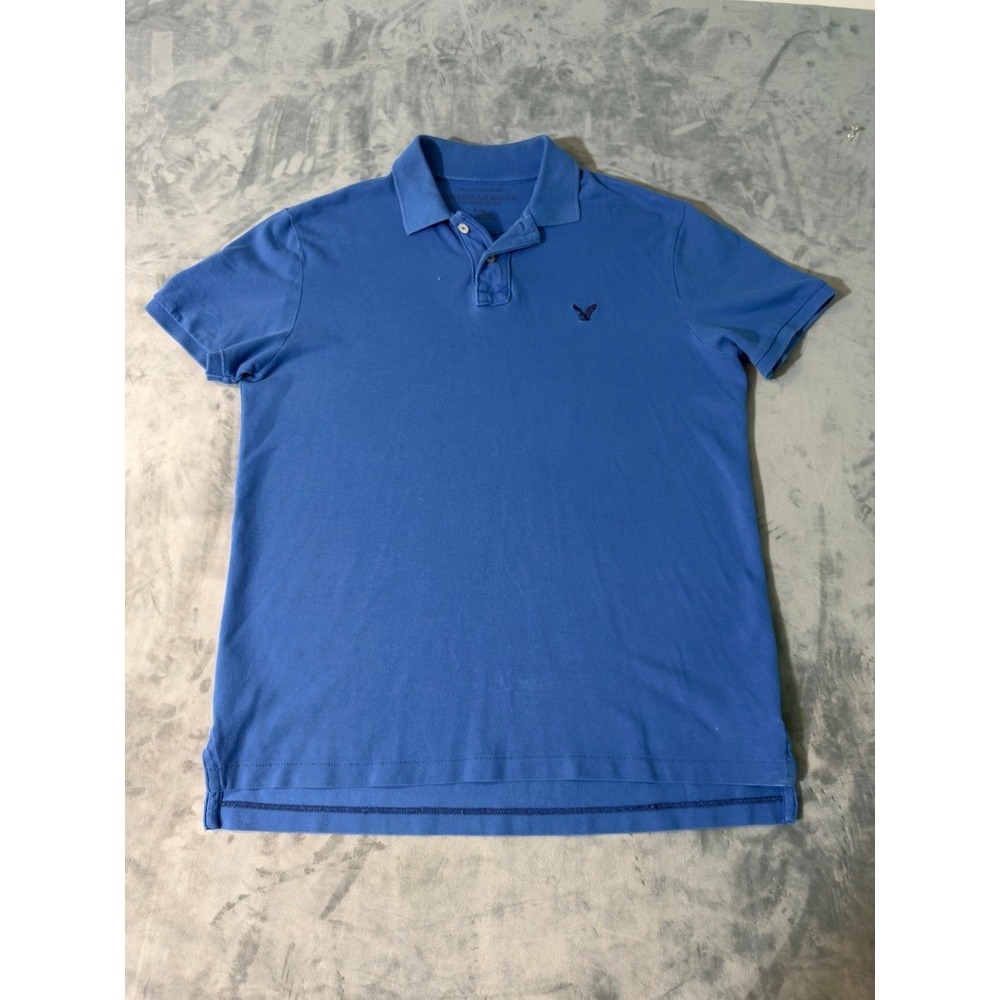 American Eagle Mens Blue Short Sleeve Pique Polo Shirt Medium Logo Classic Fit